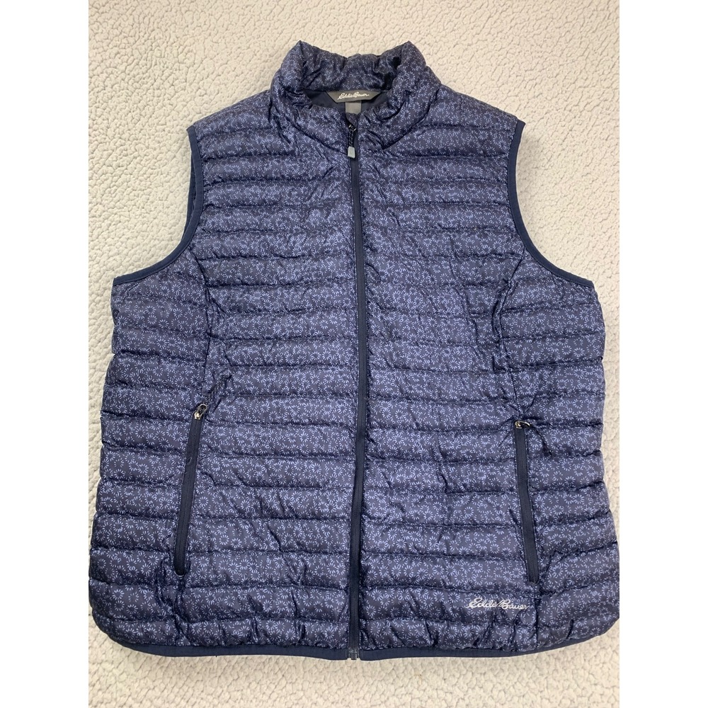 Eddie Bauer Puffer Vest Womens XL Navy Blue Floral Quilted EB700 Down Insulated